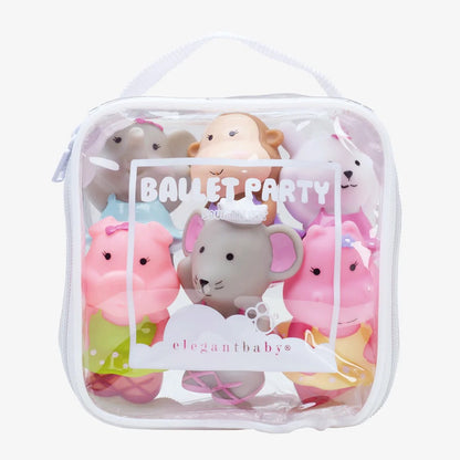 Ballet Party set of six animal squirtie bath toys in a clear carrying case on white background