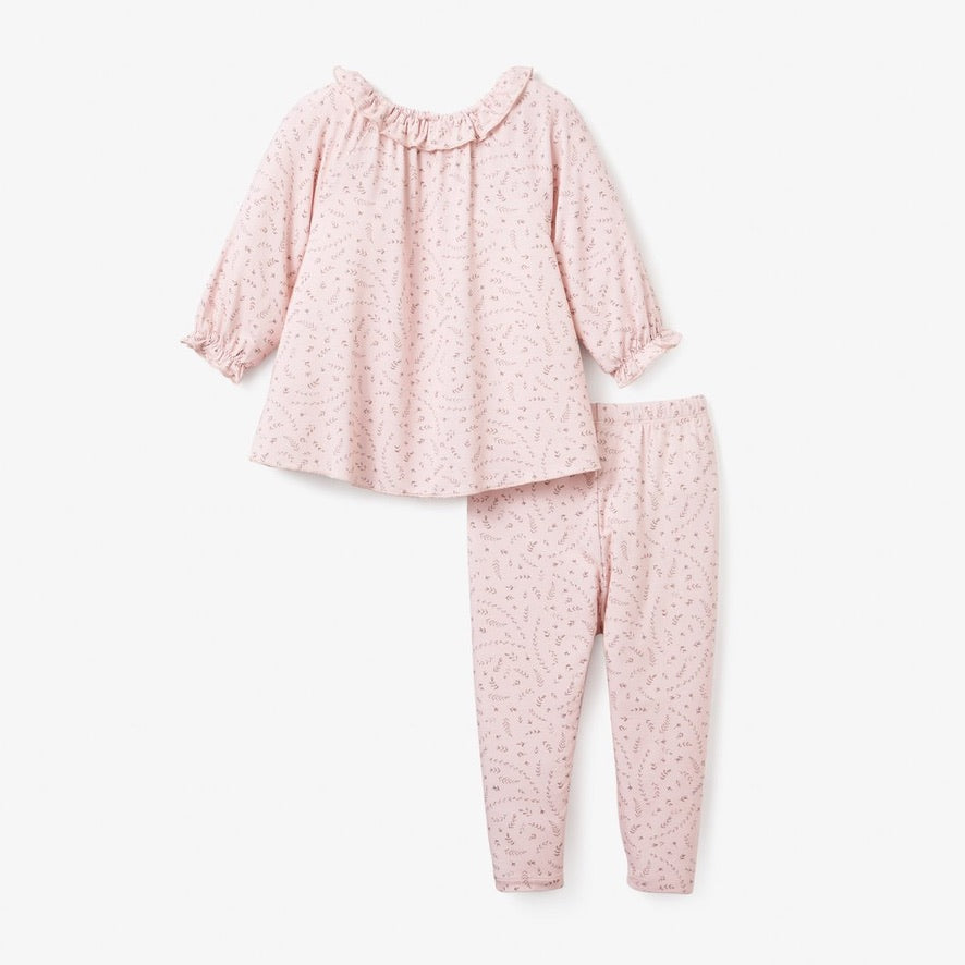 Blush wildflower bamboo baby set with ruffle top and pull-on leggings on white background