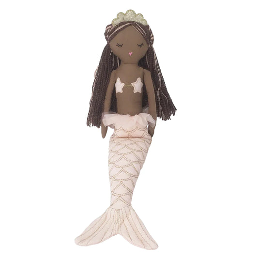 Macie Mermaid Doll by Mon Ami with gold embroidered scales, front view