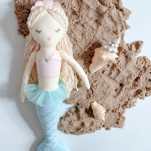 Mimi Mermaid Doll by Mon Ami with silver embroidered scales, front view