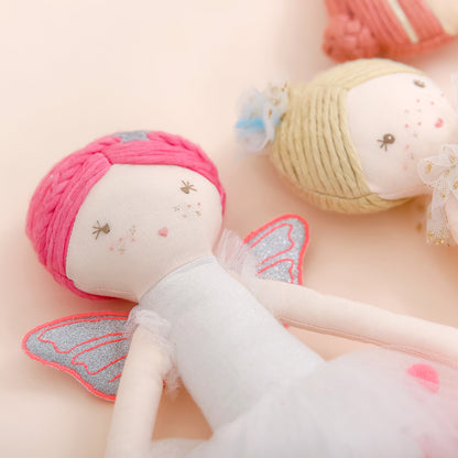 Close-up of Neon Fairy Linen Doll featuring sparkly wings and handcrafted details