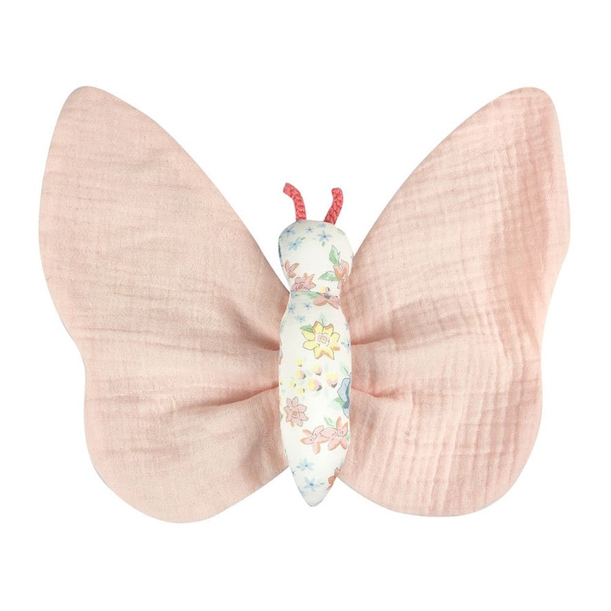 Pink butterfly organic cotton cuddle toy security blanket for babies and toddlers