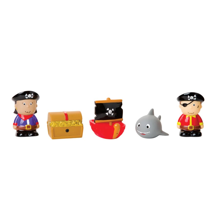 Five pirate-themed baby bath toys including pirates, ship, treasure chest, and whale on white background