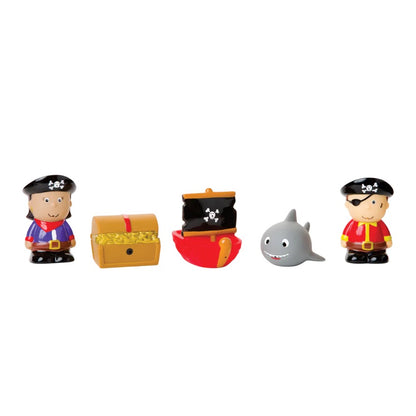 Five pirate-themed baby bath toys including pirates, ship, treasure chest, and whale on white background