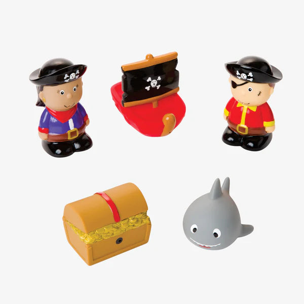 Pirate Party Squirtie Baby Bath Toys with five colorful floating characters toys arranged together on white backround