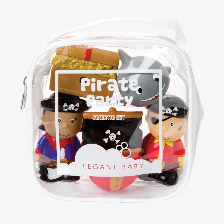 Pirate Party Squirtie Baby Bath Toys inside a clear zippered storage bag on white background