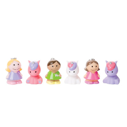 Six princess-themed baby bath toys designed to float and squirt water on white background.