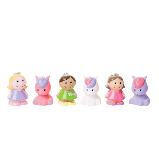 Six princess-themed baby bath toys designed to float and squirt water on white background.
