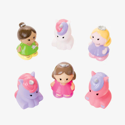 A set of colorful bath toys designed to look like princesses and unicorns in various poses, intended for young children.