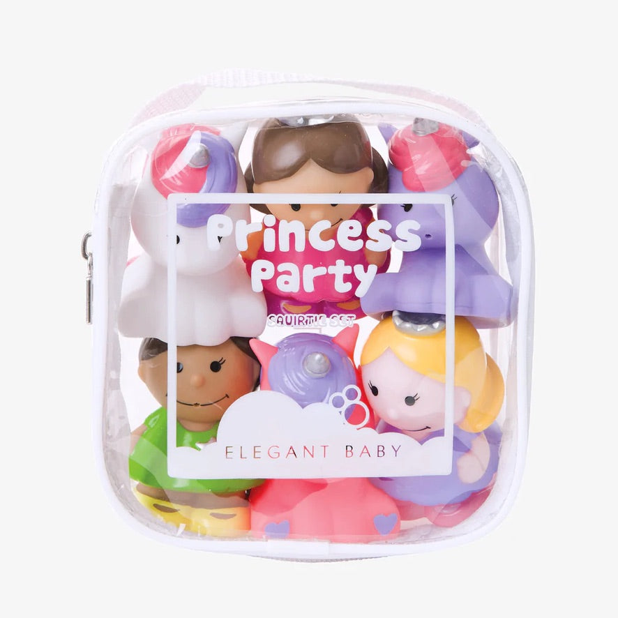 Princess Party baby bath toys inside a clear zippered storage bag