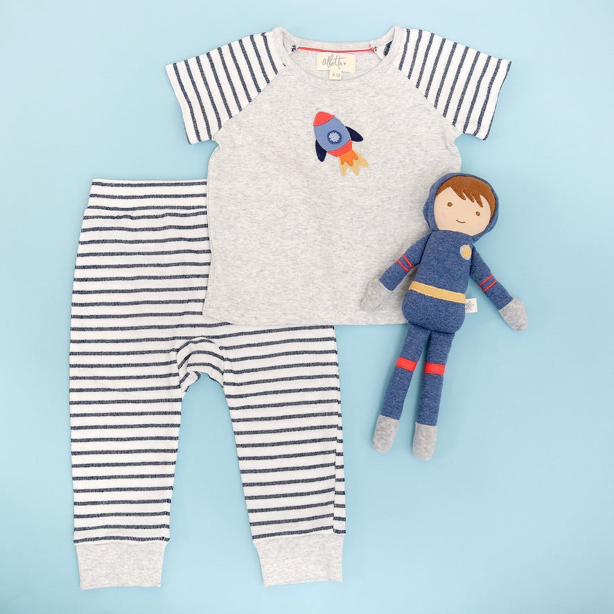 Organic cotton rocket baby outfit with matching striped pants for babies and toddlers