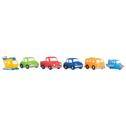 Six colorful floating vehicle squirt toys arranged in a row on white background