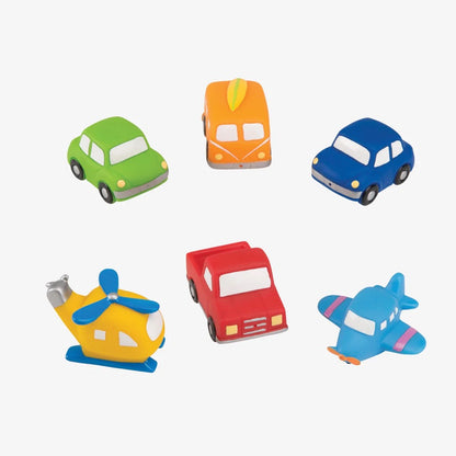 Set of six colorful Zoom Zoom vehicle bath toys with cars and aircraft on white background