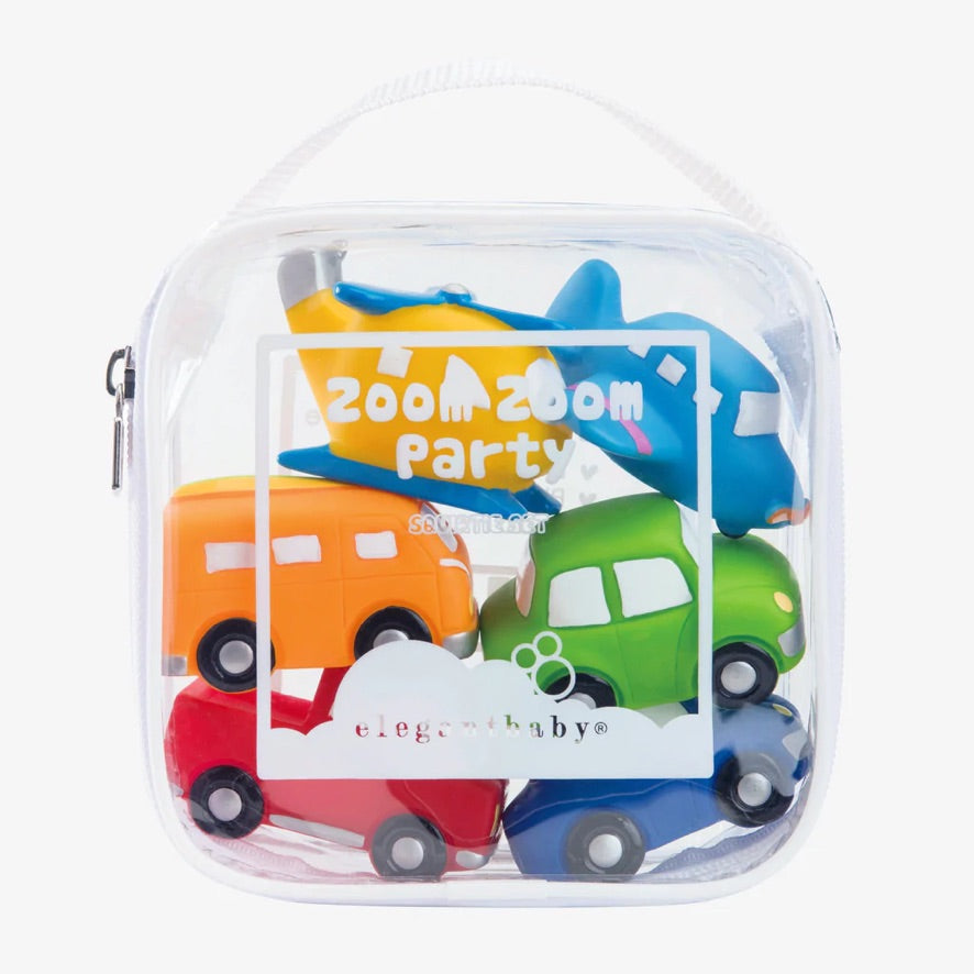 Zoom Zoom set of six vehicle bath toys displayed in clear retail packaging